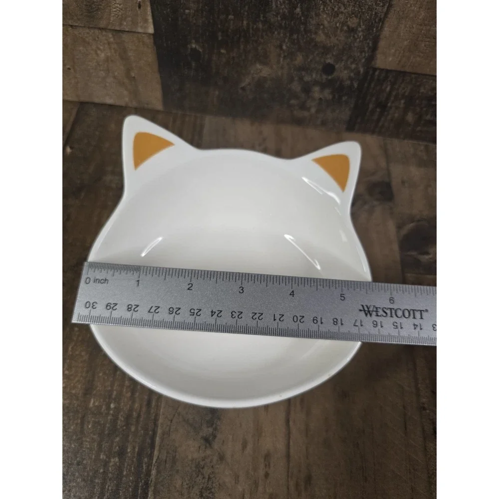 White Ceramic Cat Face Bowl Brown Ears Pet Food Dish Trinket Tray 5.5 Inch